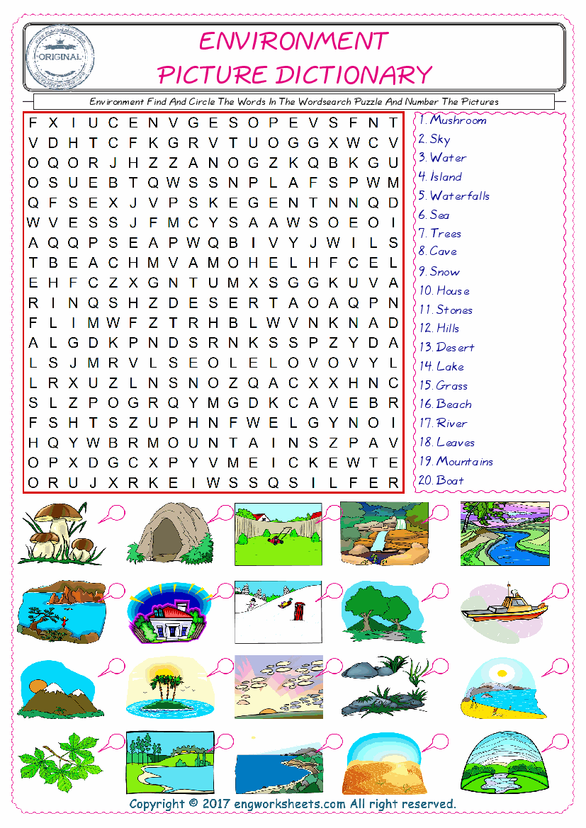  ESL wordsearch worksheets for kids, find Environment words in the word wordsearch write its number on its picture English worksheet. 